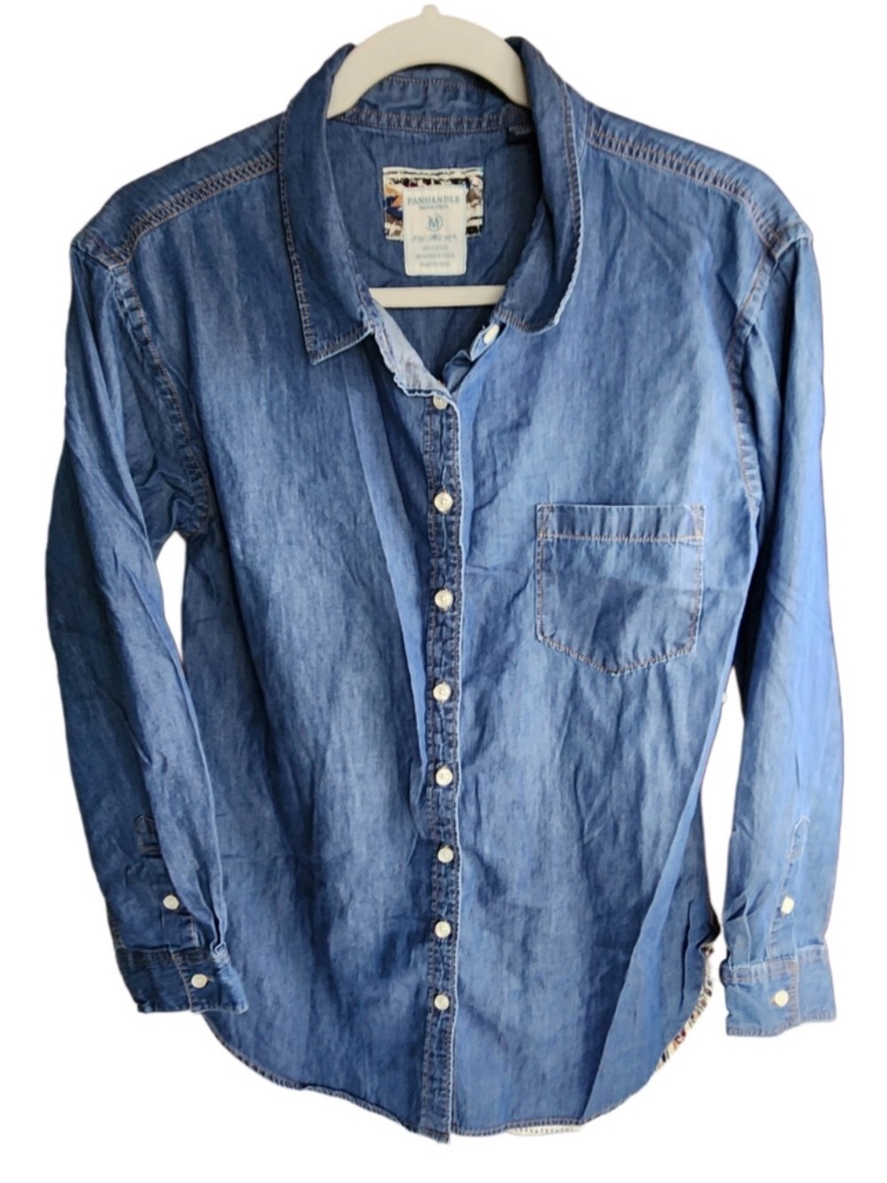 Panhandle Women’s M Denim Chambray Shirt Southwestern Aztec Print Button Down